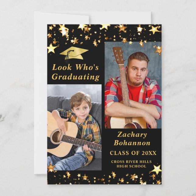 LOOK WHO'S GRADUATING Black Gold Stars Photo Invitation (Front)