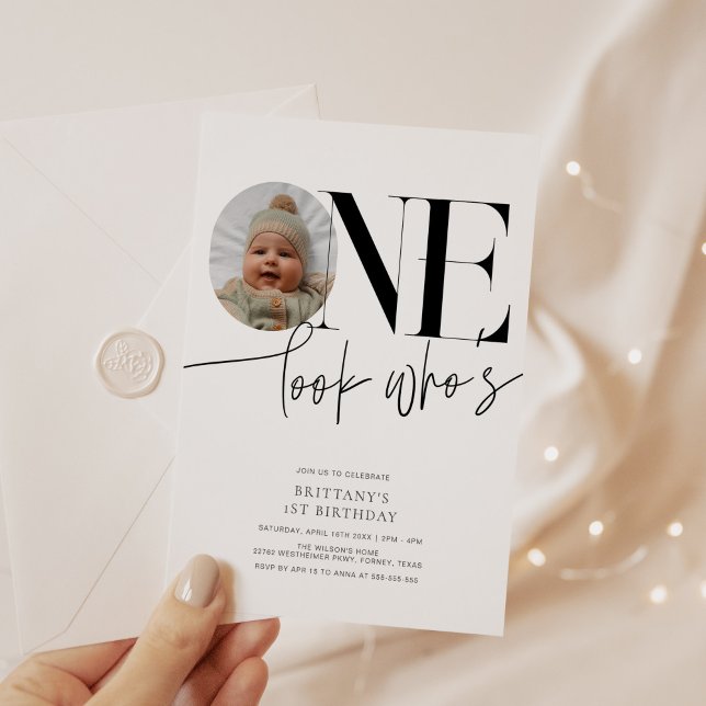 Look Who's One Modern Simple Photo 1st Birthday Invitation (Creator Uploaded)