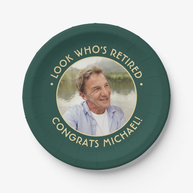 Look Who's Retired Green Retirement Party Photo Paper Plates (Front)