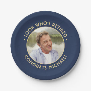 Look Who's Retired Navy and Gold Retirement Photo Paper Plates
