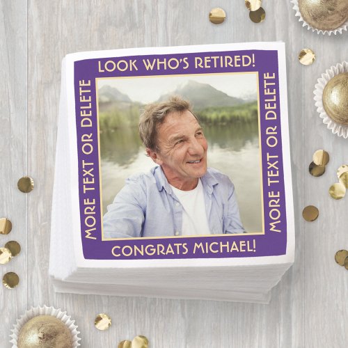 Look Whos Retired Purple Retirement Party Photo Napkins