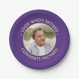 Look Who's Retired Purple Retirement Party Photo Paper Plates