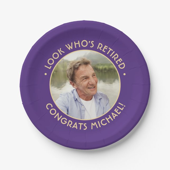 Look Who's Retired Purple Retirement Party Photo Paper Plates (Front)