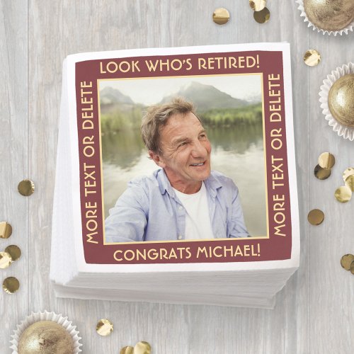 Look Whos Retired Red Gold Retirement Party Photo Napkins