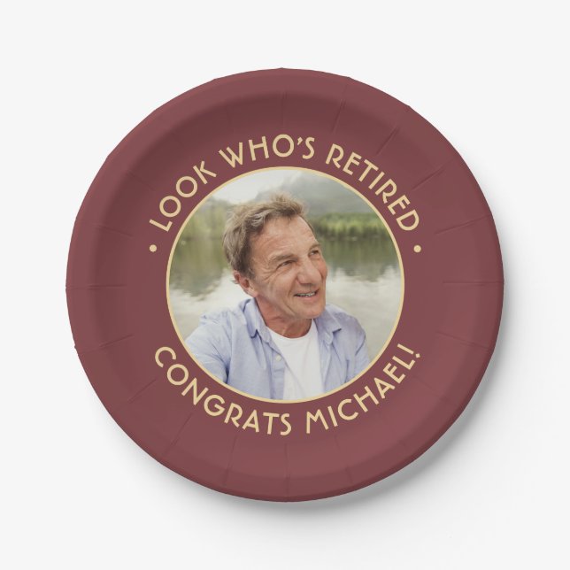 Look Who's Retired Red Gold Retirement Party Photo Paper Plates (Front)