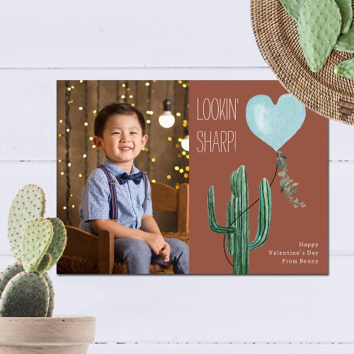 Lookin Sharp Cactus Pun Photo Valentine Blue Card