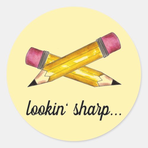 Lookin Sharp Yellow 2 Pencil School Writing Classic Round Sticker