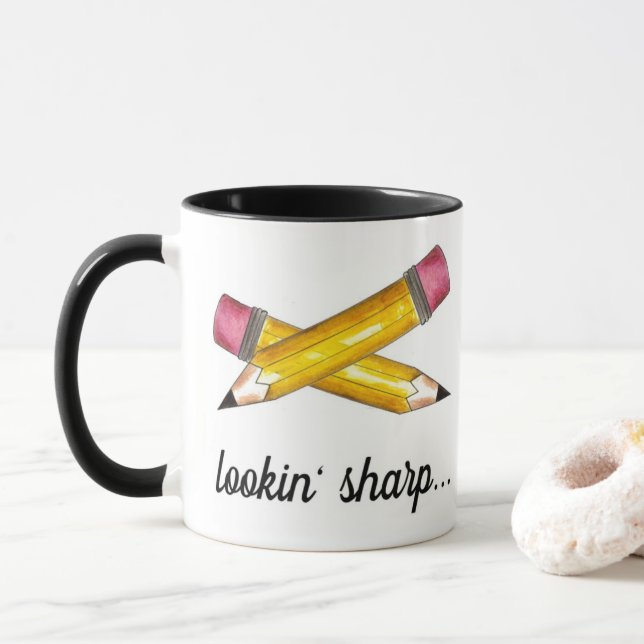 Lookin' Sharp Yellow #2 Pencil School Writing Mug (With Donut)