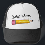 Lookin' Sharp Yellow #2 Pencil School Writing Trucker Hat<br><div class="desc">Features an original marker illustration of a sharp yellow #2 school pencil with a pink eraser, and LOOKIN' SHARP in a fun font. This pencil illustration is also available on other products. Don't see what you're looking for? Need help with customization? Contact Rebecca to have something designed just for you....</div>