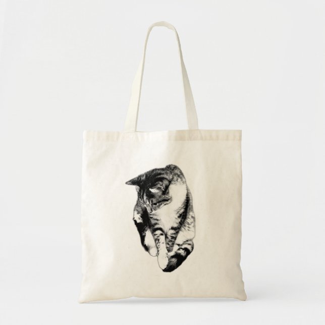 Looking Down Tabby Cat Monochrome Tote Bag (Front)
