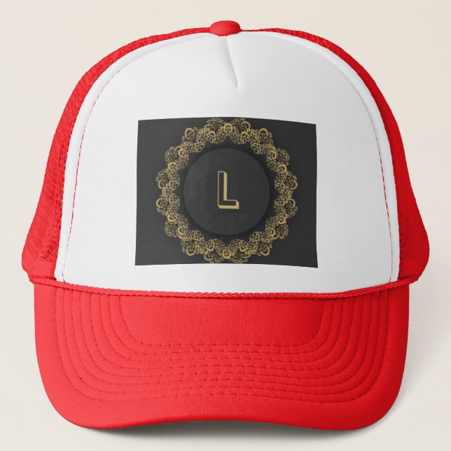 Looking for L Initial Letter Printed Monogram Red  Trucker Hat (Front)