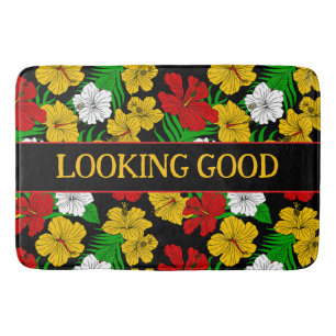 Looking Good Quote Tropical Flowers Black Bath Mat