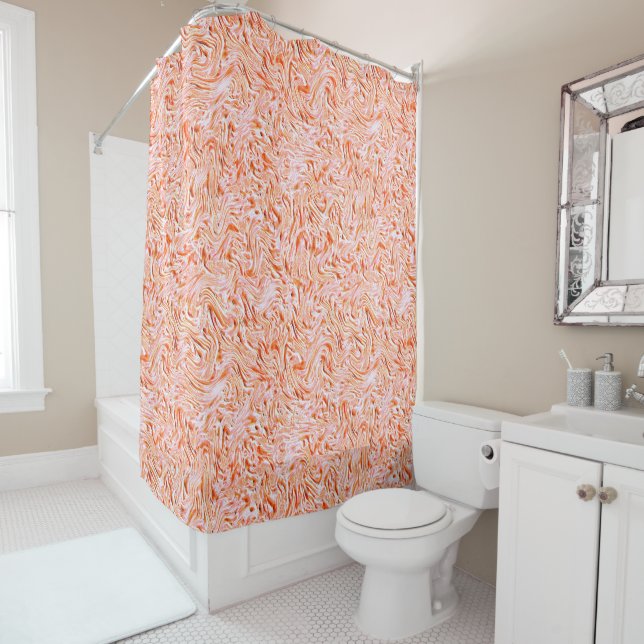 Looking like textured of wall, salmon color shower curtain (In Situ)
