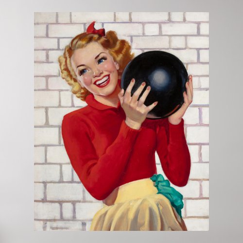 Looking Pretty While Bowling Girl Pinup Art Poster