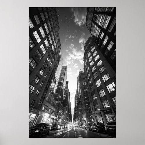 Looking skyward in a skyscraper canyon BW photo Poster