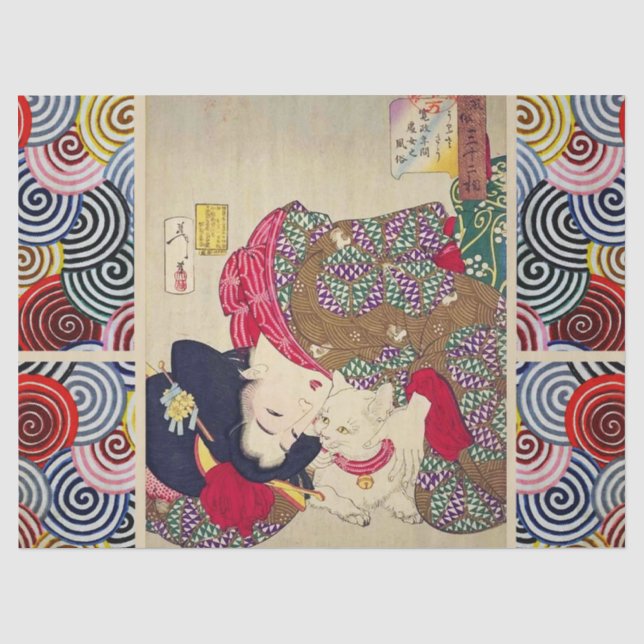 LOOKING TIRESOME ,JAPANESE WOMAN WITH WHITE CAT TISSUE PAPER (Front)