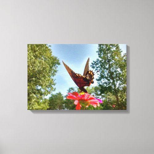 Looking Up at Butterfly on Flower Between Trees Canvas Print