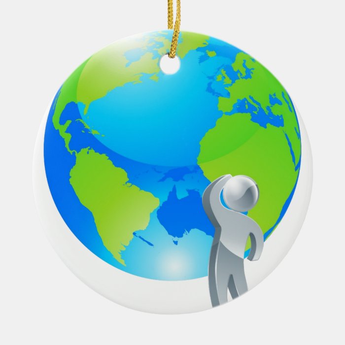 Looking up globe silver person concept christmas tree ornament