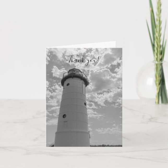Looking Up Manistee Lighthouse Grayscale Thank You Card (Front)