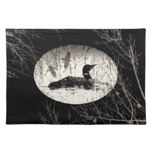 Loon and Crows Tree Branches Monoachrome Cloth Placemat