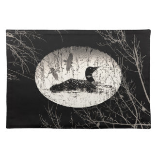 Loon and Crows Tree Branches Monoachrome Cloth Placemat