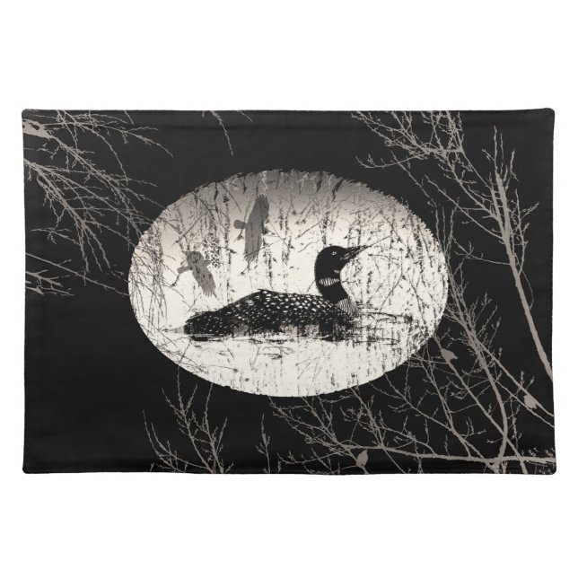 Loon and Crows Tree Branches Monoachrome Cloth Placemat (Front)