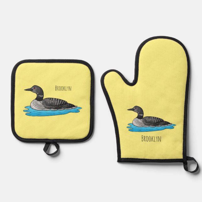 Loon bird cartoon illustration oven mitt & pot holder set (Front)