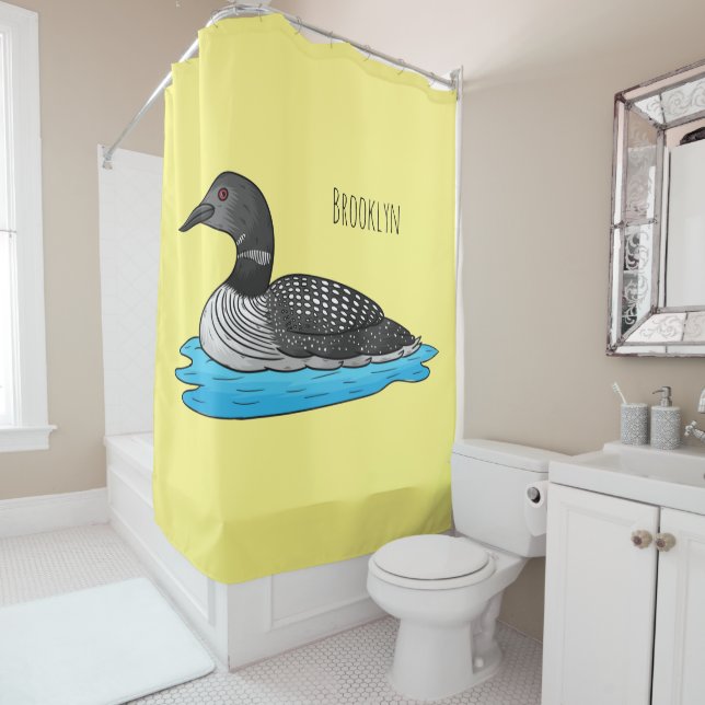 Loon bird cartoon illustration shower curtain (In Situ)