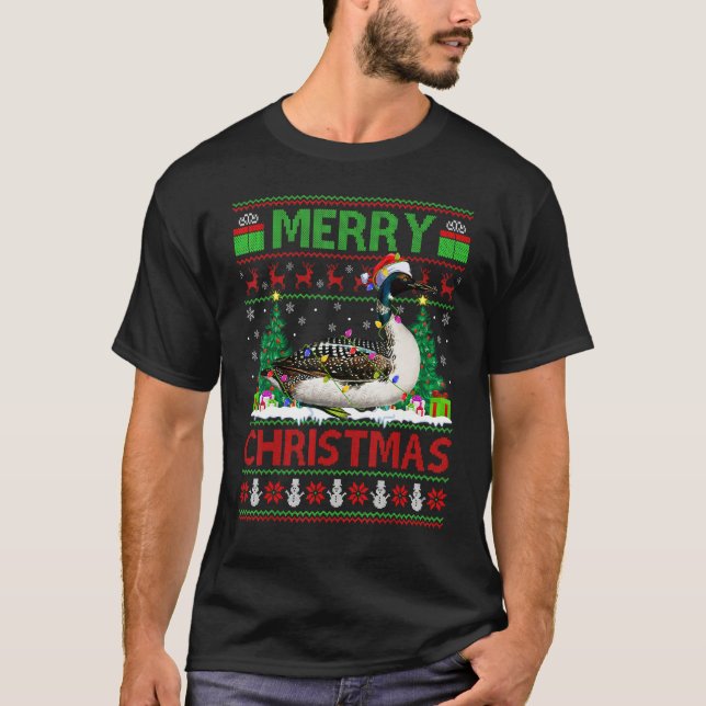 Loon Bird   Xmas Tree Lights Ugly Santa Loon Chris T-Shirt (Front)
