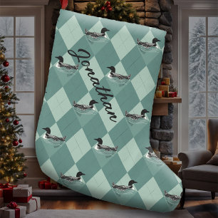 Loon Birds Soft Teal Argyle Pattern Lake Cabin Large Christmas Stocking