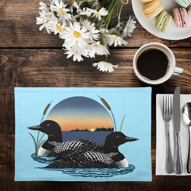 Loon Couple Sunset Blue Cloth Placemat (Creator Uploaded)