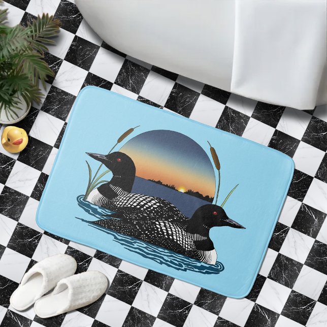 Loon Couple Sunset Blue Lake Wildlife Bath Mat (Creator Uploaded)