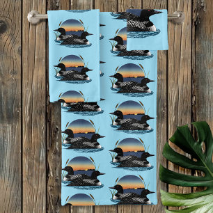 Loon Couple Sunset Blue Lake Wildlife Bath Towel Set