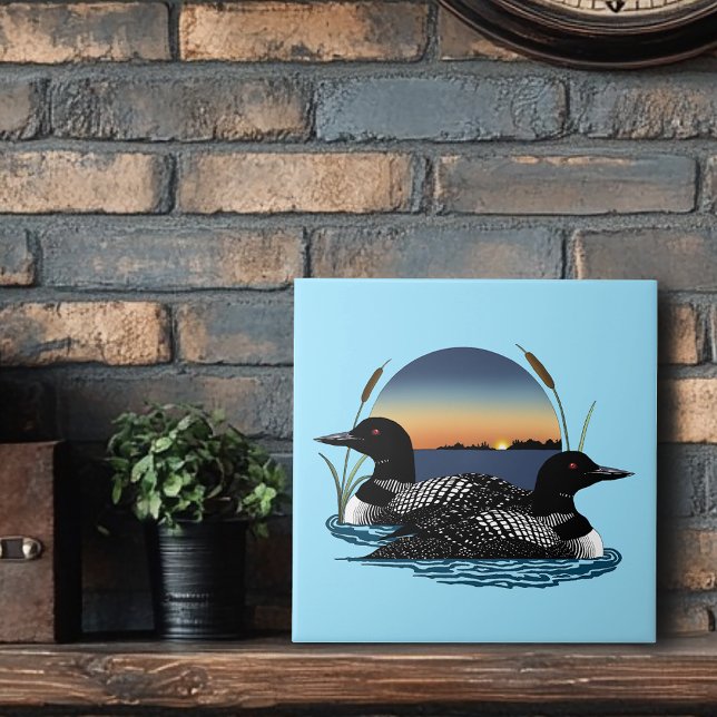 Loon Couple Sunset Blue Lake Wildlife  Ceramic Tile (Creator Uploaded)