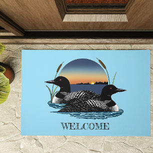 Loon Couple Sunset Blue Lake Wildlife  Doormat