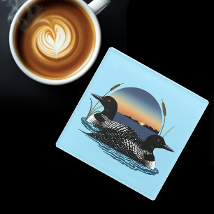 Loon Couple Sunset Blue Lake Wildlife Glass Coaster