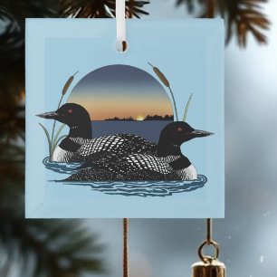 Loon Couple Sunset Blue Lake Wildlife Glass Ornament