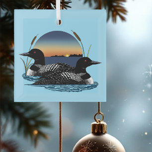 Loon Couple Sunset Blue Lake Wildlife Glass Ornament