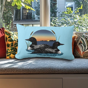 Loon Couple Sunset Blue Lake Wildlife Lumbar Pillow