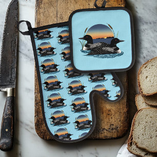 Loon Couple Sunset Blue Lake Wildlife Oven Mitt & Pot Holder Set