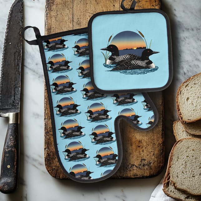 Loon Couple Sunset Blue Lake Wildlife Oven Mitt & Pot Holder Set (Creator Uploaded)