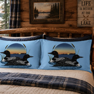 Loon Couple Sunset Blue Lake Wildlife Pillow Case