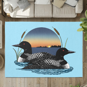 Loon Couple Sunset Blue Lake Wildlife Rug