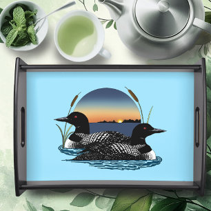 Loon Couple Sunset Blue Lake Wildlife Serving Tray