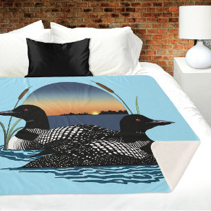 Loon Couple Sunset Blue Lake Wildlife Sherpa Blanket