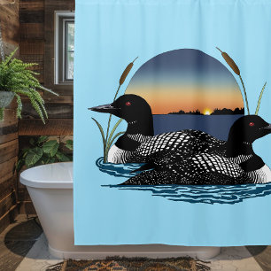 Loon Couple Sunset Blue Lake Wildlife Shower Curtain
