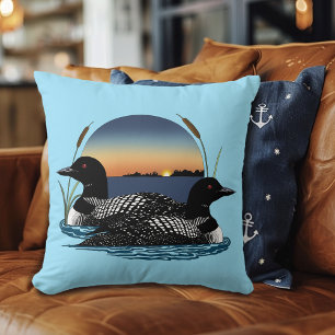Loon Couple Sunset Blue Lake Wildlife Throw Pillow