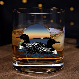 Loon Couple Sunset Blue Lake Wildlife Whiskey Glass