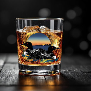 Loon Couple Sunset Blue Lake Wildlife Whiskey Glass