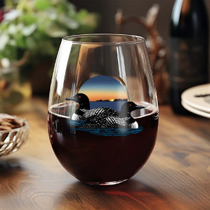 Loon Couple Sunset Blue Stemless Wine Glass